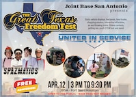 Community members have the opportunity to explore JBSA-Fort Sam Houston’s premier military installation at the Great Texas Freedom Fest from 3 to 9:30 p.m., April 12, 2025. The installation will open its gates to the public for this event, which is free to all who attend. The theme is “United in Service,” and the open house will feature live music from The Spazmatics and military bands, food trucks, museum tours, military demonstrations, and family activities. (U.S. Air Force graphic by Franklin Melendez)