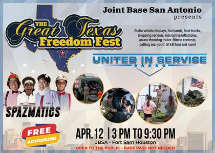 Community members have the opportunity to explore JBSA-Fort Sam Houston’s premier military installation at the Great Texas Freedom Fest from 3 to 9:30 p.m., April 12, 2025. The installation will open its gates to the public for this event, which is free to all who attend. The theme is “United in Service,” and the open house will feature live music from The Spazmatics and military bands, food trucks, museum tours, military demonstrations, and family activities. (U.S. Air Force graphic by Franklin Melendez)