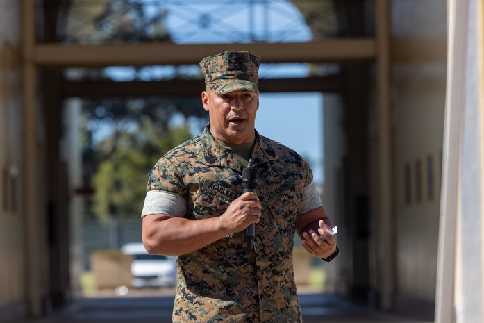 U.S. Marine Corps Sgt. Maj. Carlos Aguilera, the outgoing sergeant major of Headquarters and Service Battalion, Marine Corps Recruit Depot San Diego, gives a speech at a relief and appointment ceremony at Marine Corps Recruit Depot San Diego, California, Oct. 31, 2024. Aguilera relinquished his position to Sgt. Maj. Thomas Bachman, who took charge of the Battalion. (U.S. Marine Corps photo by Cpl. Alexander O. Devereux)