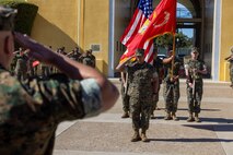 U.S. Marine Corps Sgt. Maj. Carlos Aguilera, the outgoing sergeant major of Headquarters and Service Battalion, salutes Col. Jason Freeby, commanding officer of Headquarters and Service Battalion, at a relief and appointment ceremony at Marine Corps Recruit Depot San Diego, California, Oct. 31, 2024. Aguilera relinquished his position to Sgt. Maj. Thomas Bachman, who took charge of the Battalion.  (U.S. Marine Corps photo by Cpl. Alexander O. Devereux)