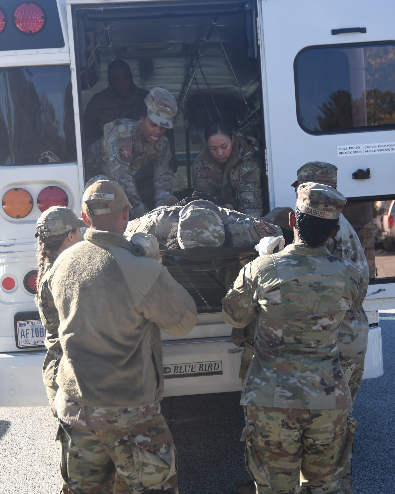 Airmen from the 459th Aeromedical Staging Squadron conduct patient onload and offload training to increase proficiency and maintain readiness during the 459th Air Refueling Wing Unit Training Assembly, Oct. 19, 2024, at Joint Base Andrews, Md. The 459th ARW consistently trains to ensure maximum performance when mobilized for global contingencies during this era of Great Power Competition. (U.S. Air Force photo by Lt. Col. Timothy Smith)
