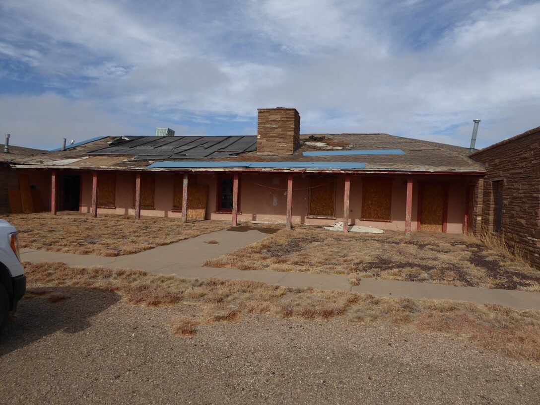 The front of the Lodge showing the damaged roof, Feb. 1, 2023.