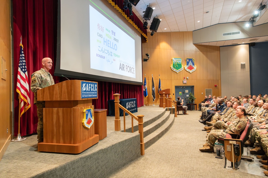 Chief Master Sgt. of the Air Force David A. Flosi addresses attendees at the Language, Regional Expertise & Culture Symposium at Maxwell Air Force Base, Ala., Nov. 13, 2024. The conference provides a platform for academic exchange by topic experts throughout the Department of Defense and academia, on topics specific to cultural studies, regional expertise, and language education in the military. (U.S. Air Force photo by Trey Ward)