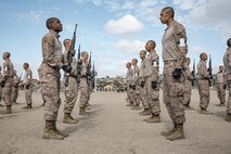 U.S. Marine Corps recruits with Fox Company, 2nd Recruit Training Battalion, execute Marine Corps Martial Arts Program techniques at Marine Corps Recruit Depot San Diego, California, Oct. 28, 2024. MCMAP aims to strengthen the mental and moral resiliency of individual recruits and Marines through realistic combative training, warrior ethos studies, and physical hardening. (U.S. Marine Corps photo by Cpl. Sarah M. Grawcock)
