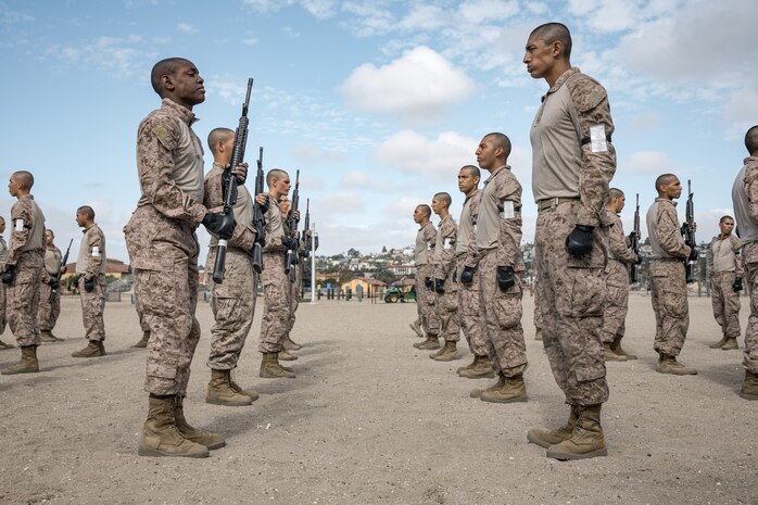 U.S. Marine Corps recruits with Fox Company, 2nd Recruit Training Battalion, execute Marine Corps Martial Arts Program techniques at Marine Corps Recruit Depot San Diego, California, Oct. 28, 2024. MCMAP aims to strengthen the mental and moral resiliency of individual recruits and Marines through realistic combative training, warrior ethos studies, and physical hardening. (U.S. Marine Corps photo by Cpl. Sarah M. Grawcock)