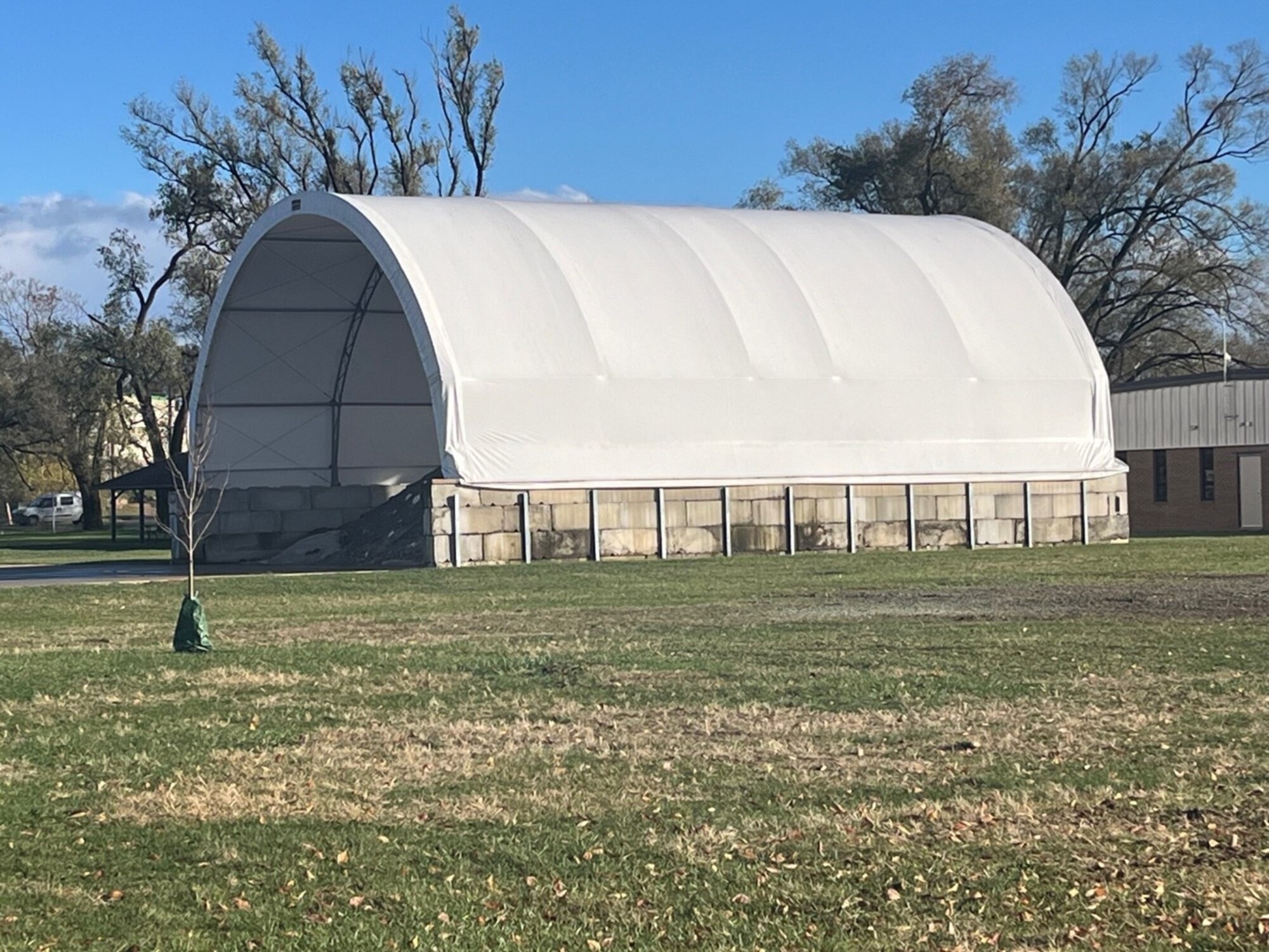 A salt storage facility is pictured in a field at Wright-Patterson Air Force Base, Ohio.