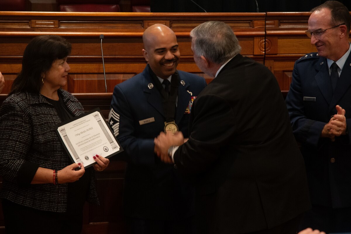 Chief Master Sgt. Israel Nuñez is recognized during a Puerto Rico Distinguished Veterans Hall of Fame ceremony