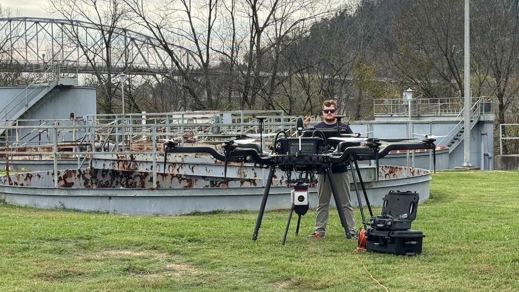 Nate Brock, civil engineer in the Civil Site and Survey Section, and Geotechnics Branch, flies a drone survey mission Nov. 18, 2024, at the wastewater treatment plant in Carthage, Tennessee. The U.S. Army Corps of Engineers Nashville District recently selected him as its employee of the month for September 2024. (USACE Photo)