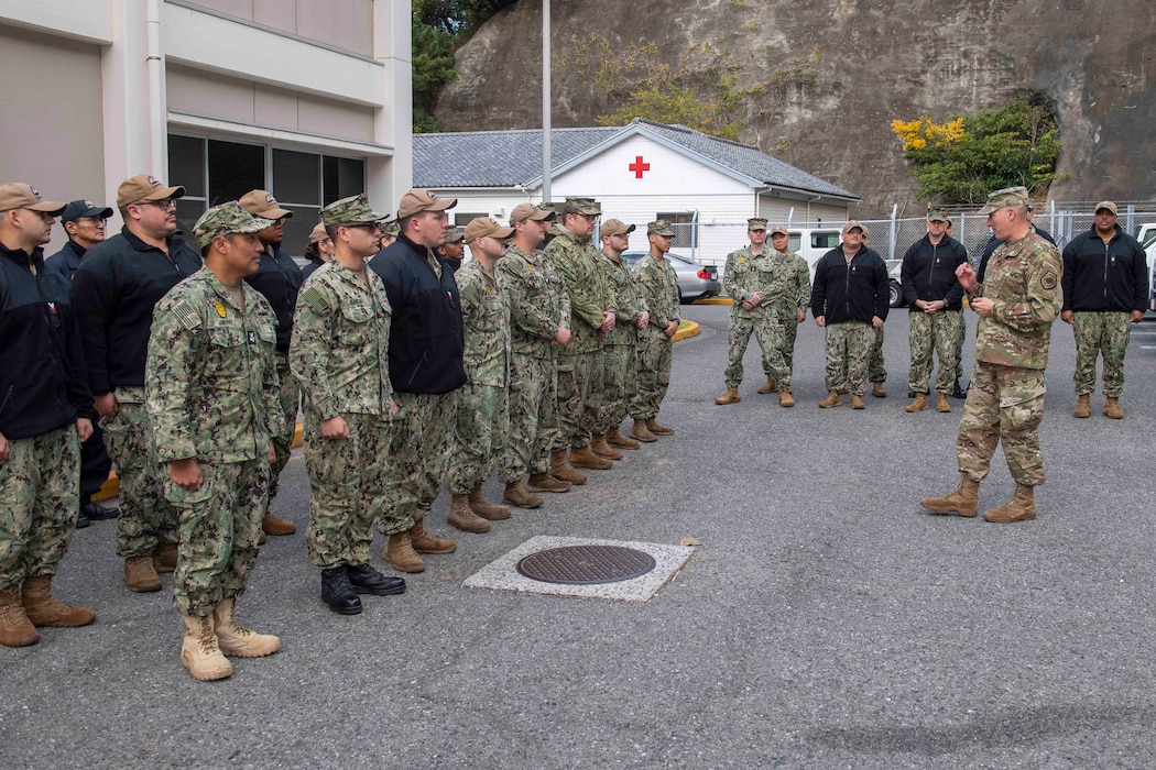 U.S. Air Force Lt. Gen. Stephen Jost, U.S. Forces Japan and 5th Air Force commander, speaks with Sailors assigned to Commander, Fleet Activities Yokosuka (CFAY) security department during a visit to CFAY.