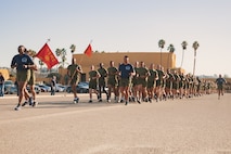 New U.S. Marines with Mike Company, 3rd Recruit Training Battalion, conduct the company motivational run at Marine Corps Recruit Depot San Diego, California, Nov. 14, 2024. The company motivational run is a three-mile cadence run conducted around the Depot and is the last physical training event the Marines will conduct before they graduate from MCRD San Diego. The event is also the first time friends and families will see their newly transformed Marines. (U.S. Marine Corps photo by Lance Cpl. Janell B. Alvarez)