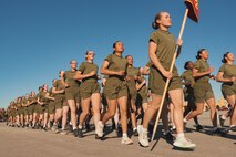 New U.S. Marines with Mike Company, 3rd Recruit Training Battalion, conduct the company motivational run at Marine Corps Recruit Depot San Diego, California, Nov. 14, 2024. The company motivational run is a three-mile cadence run conducted around the Depot and is the last physical training event the Marines will conduct before they graduate from MCRD San Diego. The event is also the first time friends and families will see their newly transformed Marines. (U.S. Marine Corps photo by Lance Cpl. Janell B. Alvarez)