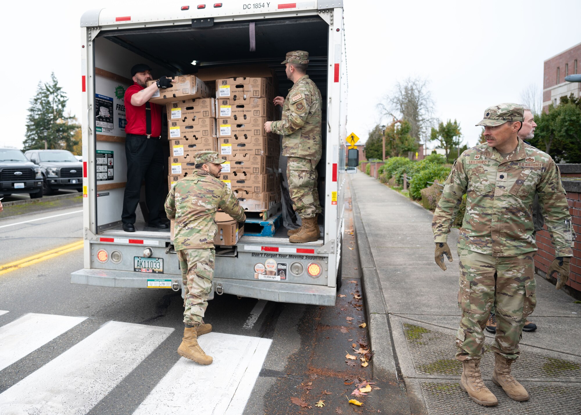 Team McChord Airmen joined forces with members of the Air Force Association Washington State Chapter and Pierce Military and Business Alliance to carry out Operation Turkey Drop at Joint Base Lewis-McChord, Washington, Nov. 21, 2024. Hundreds of turkeys were donated by the AFA Washington State Chapter, Pierce Military and Business Alliance, the Army and Air Force Exchange Service and the Religious Support Office for Airmen in time for Thanksgiving. The annual event directly supports and enhances quality of life for Team McChord Airmen and their families during the holidays.