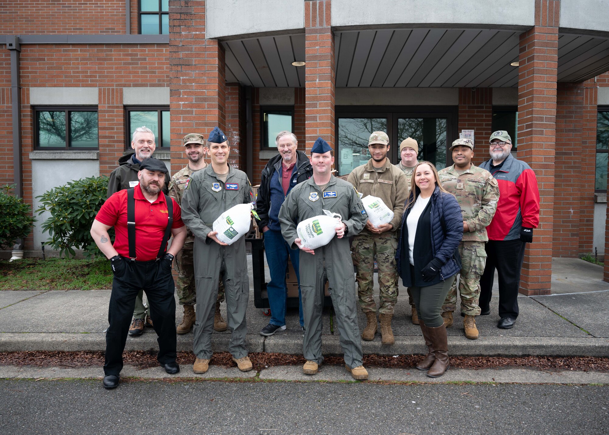 Team McChord Airmen joined forces with members of the Air Force Association Washington State Chapter and Pierce Military and Business Alliance to carry out Operation Turkey Drop at Joint Base Lewis-McChord, Washington, Nov. 21, 2024. Hundreds of turkeys were donated by the AFA Washington State Chapter, Pierce Military and Business Alliance, the Army and Air Force Exchange Service and the Religious Support Office for Airmen in time for Thanksgiving. The annual event directly supports and enhances quality of life for Team McChord Airmen and their families during the holidays.