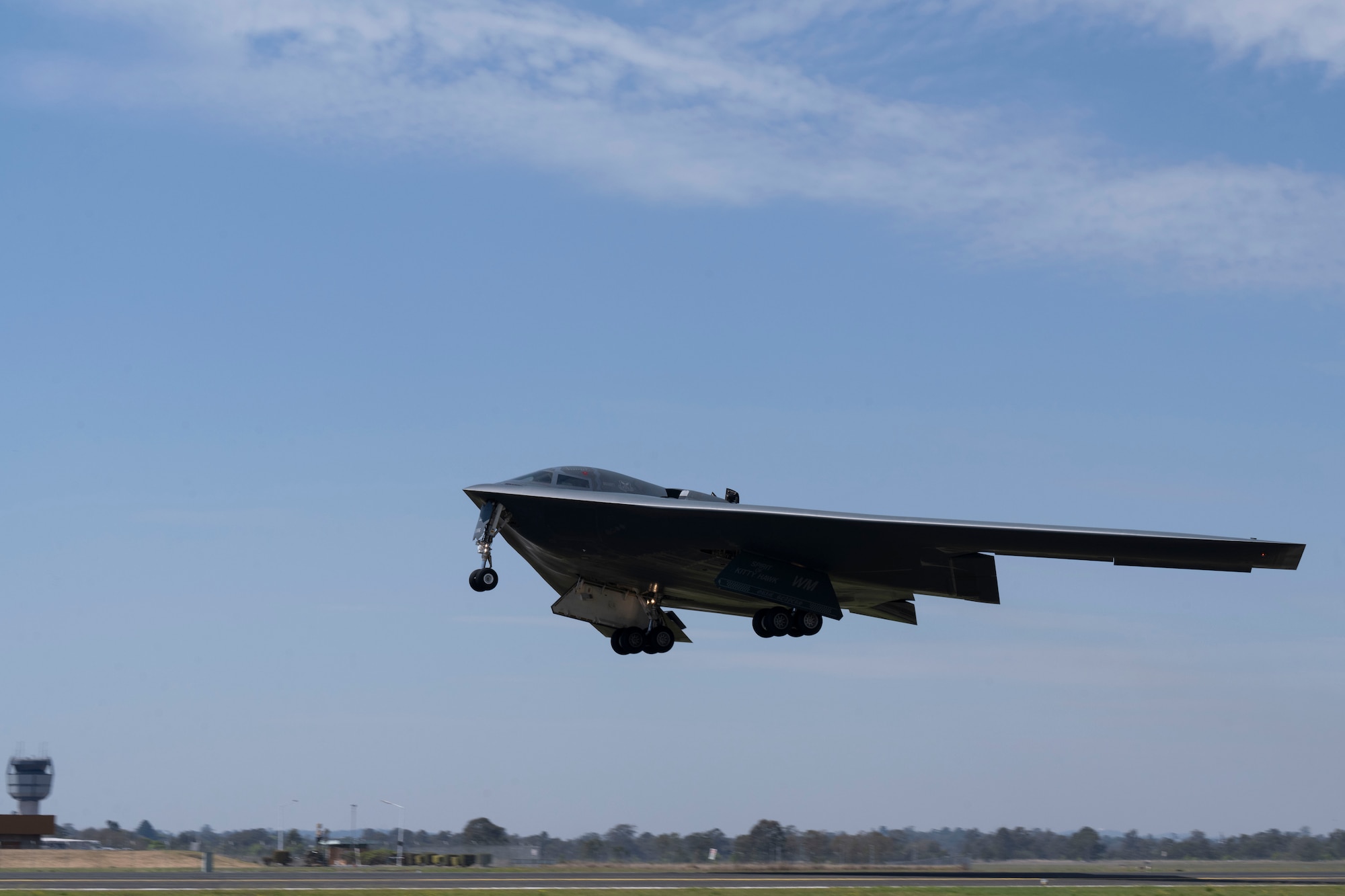 A U.S. Air Force B-2 Spirit stealth bomber conducts a touch and go maneuver after a Bomber Task Force mission at Royal Australian Air Force Base Amberley, Australia, Sept. 6, 2024. Bomber missions enhance readiness to respond to any potential crisis or challenge in the Indo-Pacific. (U.S. Air Force photo by Tech. Sgt. Anthony Hetlage)