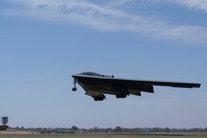 A U.S. Air Force B-2 Spirit stealth bomber conducts a touch and go maneuver after a Bomber Task Force mission at Royal Australian Air Force Base Amberley, Australia, Sept. 6, 2024. Bomber missions enhance readiness to respond to any potential crisis or challenge in the Indo-Pacific. (U.S. Air Force photo by Tech. Sgt. Anthony Hetlage)