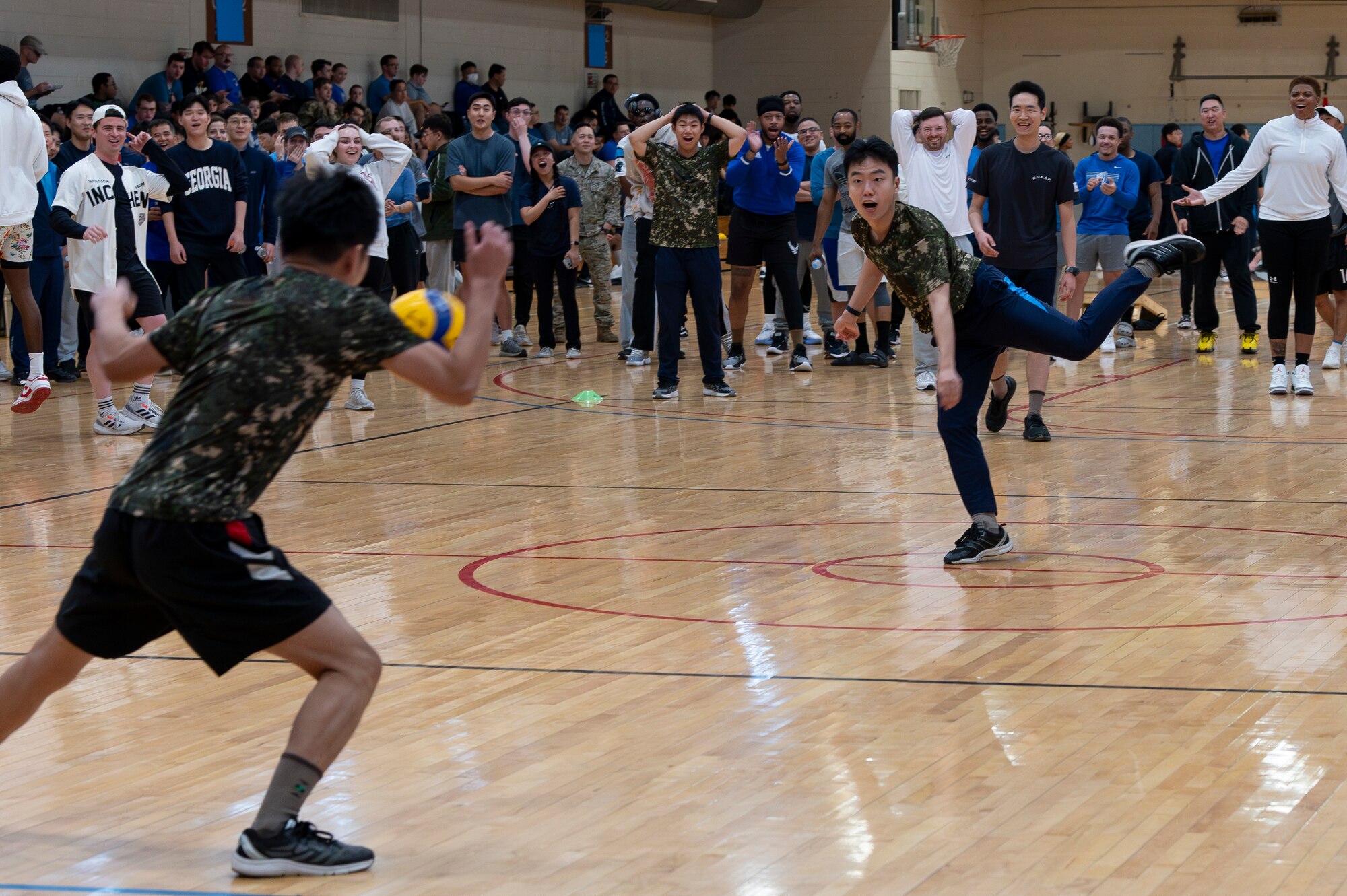 Republic of Korea Air Force members play dodgeball during the ROK-U.S. sports day at Osan Air Base, ROK, Nov. 15, 2024. The U.S. and ROK intelligence communities have a strong partnership in monitoring threats and adversary capabilities throughout the peninsula while also fostering mentorship, information sharing, personal and professional relationships. (U.S. Air Force photo by Staff Sgt. Ashley N. Mikaio)