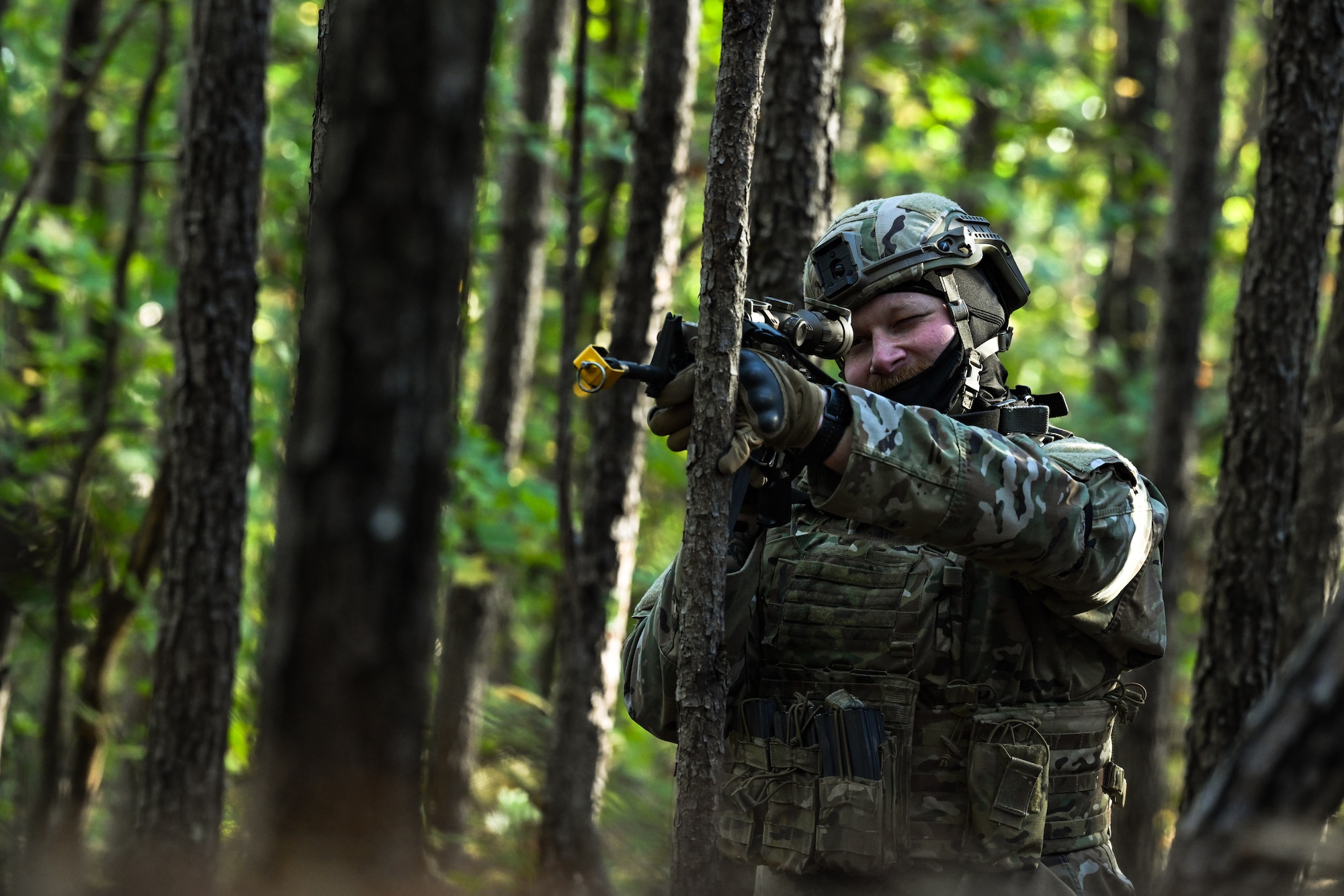 A Citizen Airman assigned to the 910th Security Forces Squadron provides security during a SF exercise at Dobbins Air Reserve Base, Georgia, Nov. 15, 2024.