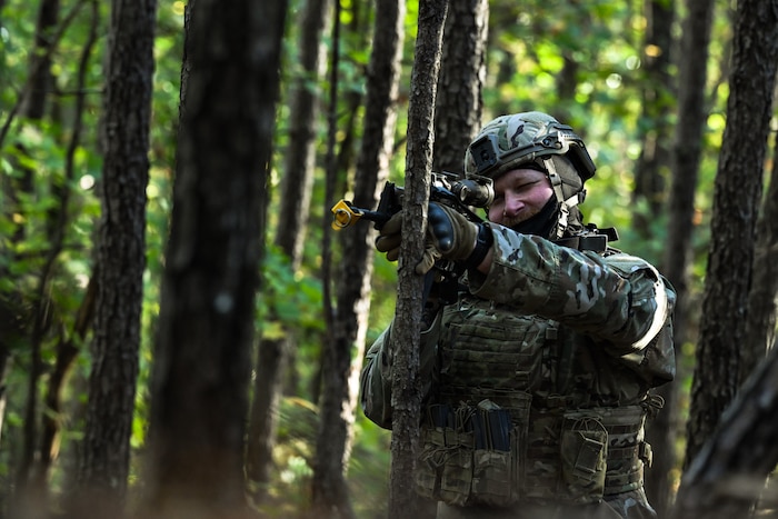 A Citizen Airman assigned to the 910th Security Forces Squadron provides security during a SF exercise at Dobbins Air Reserve Base, Georgia, Nov. 15, 2024.