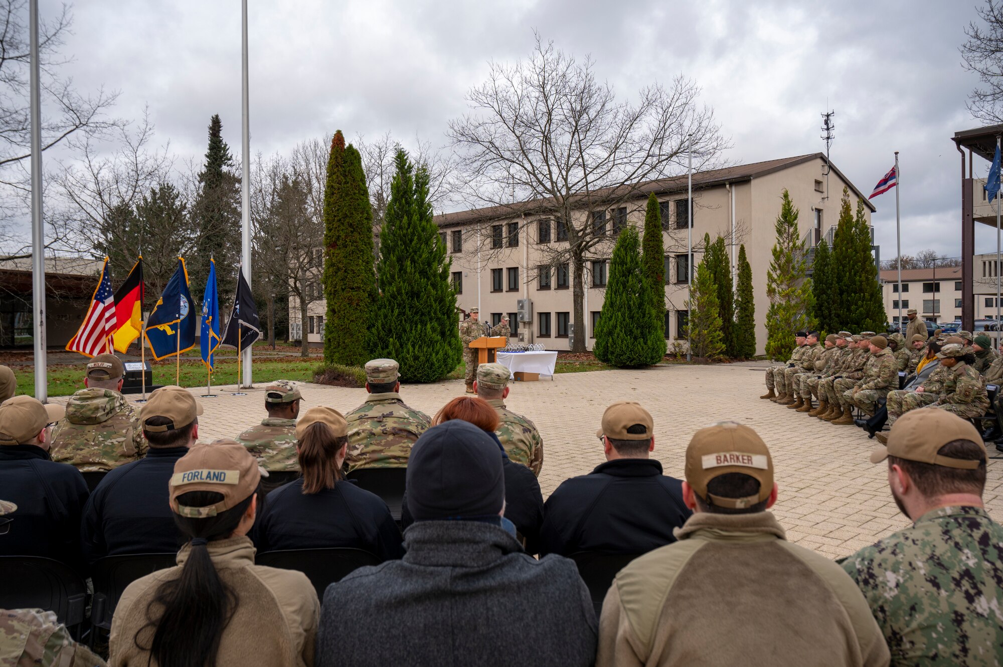 U.S. Air Force Tech. Sgt. Kenda Gallo, Kisling Noncommissioned Officer Academy Professional Military Education instructor, speaks during a combat graduation at Kapaun Air Station, Germany, Nov. 21, 2024.