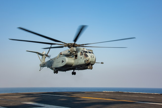 U.S. CENTRAL COMMAND AREA OF RESPONSIBILITY (Oct. 30, 2024) An MH-53E Sea Dragon helicopter, attached to Helicopter Mine Countermeasures Squadron (HM) 15, takes off from the flight deck of the Nimitz-class aircraft carrier USS Abraham Lincoln (CVN 72). (Official U.S. Navy photo)