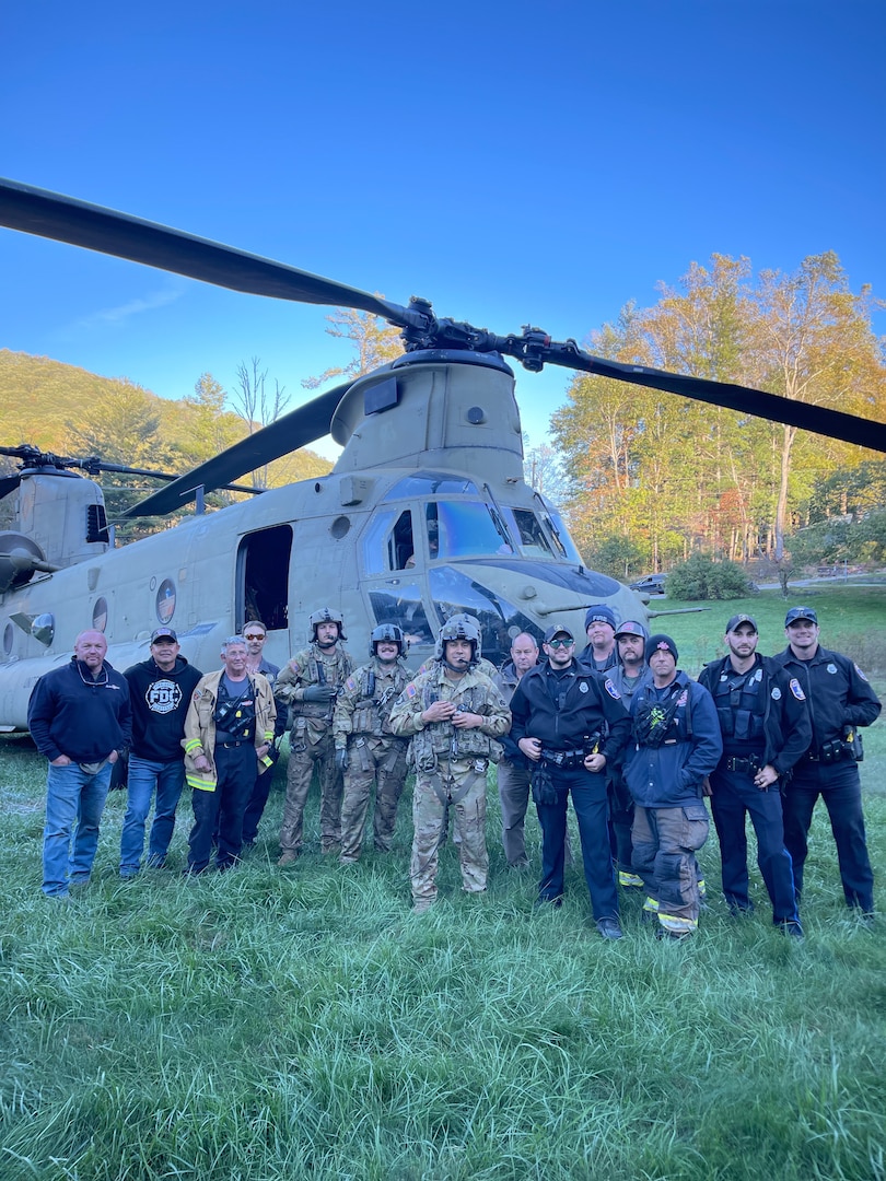 Oklahoma National Guard members with 90th Troop Command’s Detachment 1, Bravo Company, 2nd Battalion, 149th Aviation Regiment, provided relief efforts for North Carolina residents following the aftermath of Hurricane Helene. The North Carolina Department of Emergency Management submitted an Emergency Management Assistance Compact (EMAC) request to the Oklahoma National Guard for one CH-47 Chinook helicopter with hoist equipment and aircrew to support Task Force South in Greenville, South Carolina. The helicopter and its crew of Oklahoma Guardsmen arrived in Greenville, South Carolina on October 6, 2024. While on ground, the team moved more than 97,000 pounds of equipment including generators, fuel, hay, food, water, clothing, blankets and more over the course of 18 days. (Oklahoma National Guard photo by Staff Sgt. Ivan Diaz)