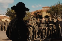 U.S. Marine Corps Sgt. Felipe Morales, a drill instructor with Echo Company, 2nd Recruit Training Battalion, instructs recruits during a post exchange and haircut call at Marine Corps Recruit Depot San Diego, California, Nov. 18, 2024. Recruits are allowed to go to the PX to buy necessary supplies and receive haircuts weekly during their time at MCRD San Diego in order to maintain a uniform appearance and promote good hygiene throughout recruit training. (U.S. Marine Corps photo by Lance Cpl. Janell B. Alvarez)