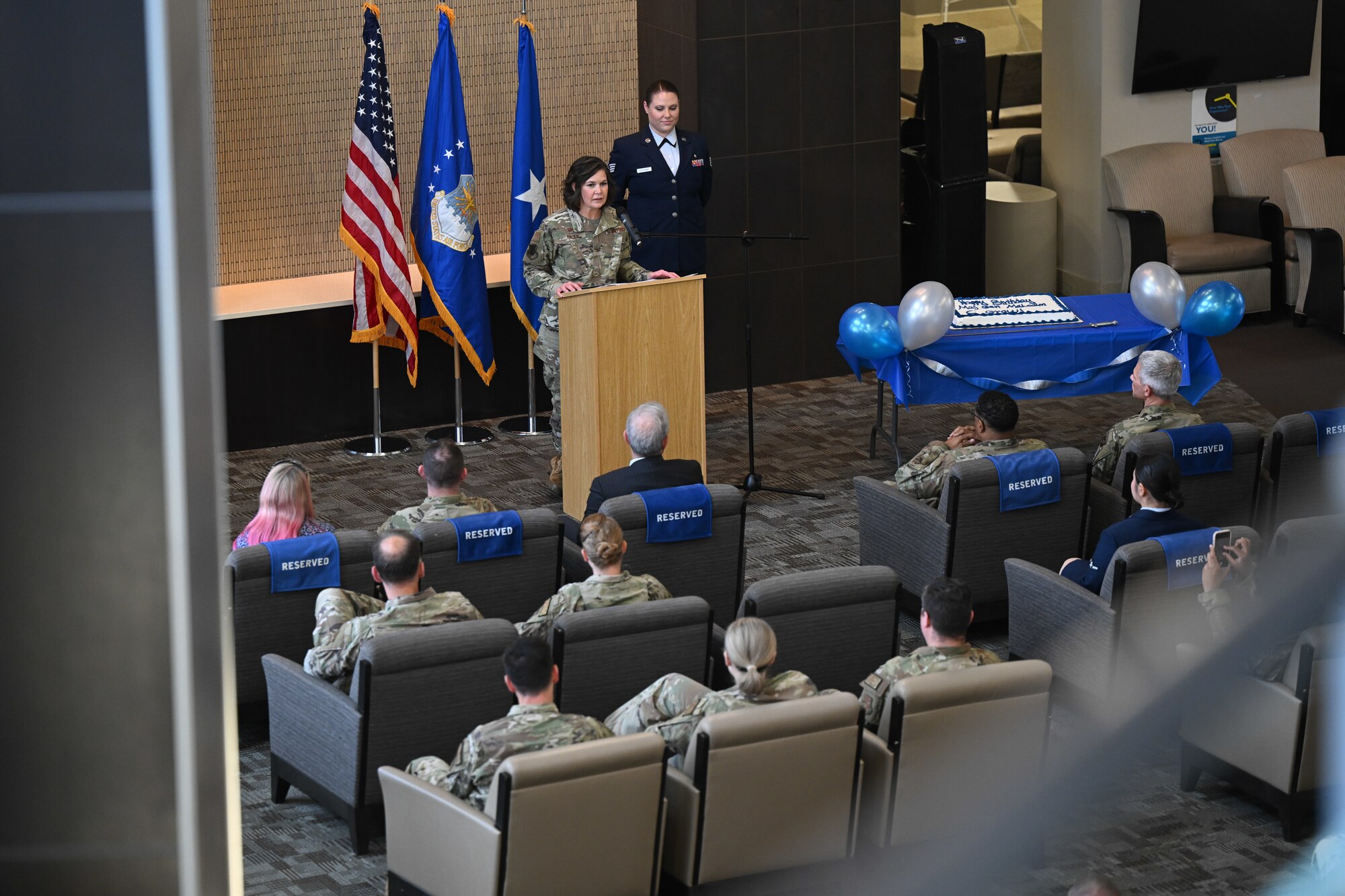 U.S. Air Force Col. Stacy G. Friesen, 316th Medical Group commander, speaks during a ceremony celebrating the legacy of Maj. Gen. Malcolm C. Grow at Joint Base Andrews, Md., Nov. 19, 2024. The event commemorated the 137th birthday of Grow, the Air Force's first surgeon general, after whom the Malcolm Grow Medical Clinics and Surgery Center is named. (U.S. Air Force photo by Airman 1st Class Gianluca Ciccopiedi)