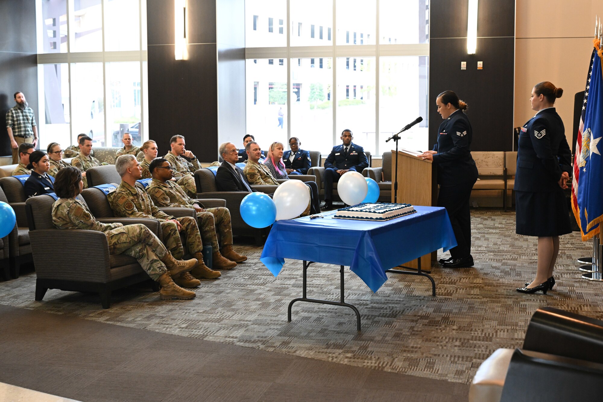 A U.S. Air Force Airman delivers remarks during a ceremony celebrating the legacy of Maj. Gen. Malcolm C. Grow at Joint Base Andrews, Md., Nov. 19, 2024. Throughout the ceremony, Airmen shared key aspects of Grow’s legacy, highlighting his accomplishments and contributions to advancing Air Force medical operations. (U.S. Air Force photo by Airman 1st Class Gianluca Ciccopiedi)