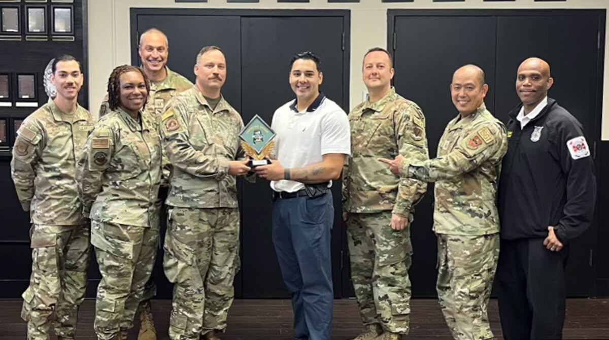 U.S. Air Force Staff Sgt. Jaime Serna, 42nd Security Forces Squadron investigator, receives the 2024 Diamond Sharp non-commissioned officer of the 3rd quarter at Maxwell Air Force Base, Ala., Oct. 29, 2024.