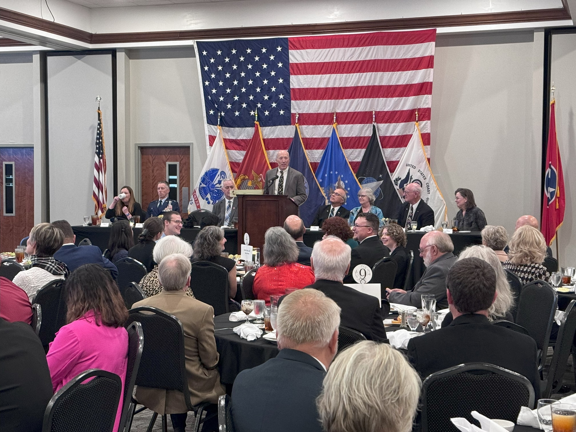Arthur Huber, Air Force Test Center executive director and former Arnold Engineering Development Complex commander, speaks during the Arnold Community Council annual banquet Nov. 14, 2024. Attendees heard from several speakers, and the ACC inducted three new AEDC Fellows during the event. Those inducted were Alan Hale, Scott Meredith and Gary Knox. (Courtesy photo)