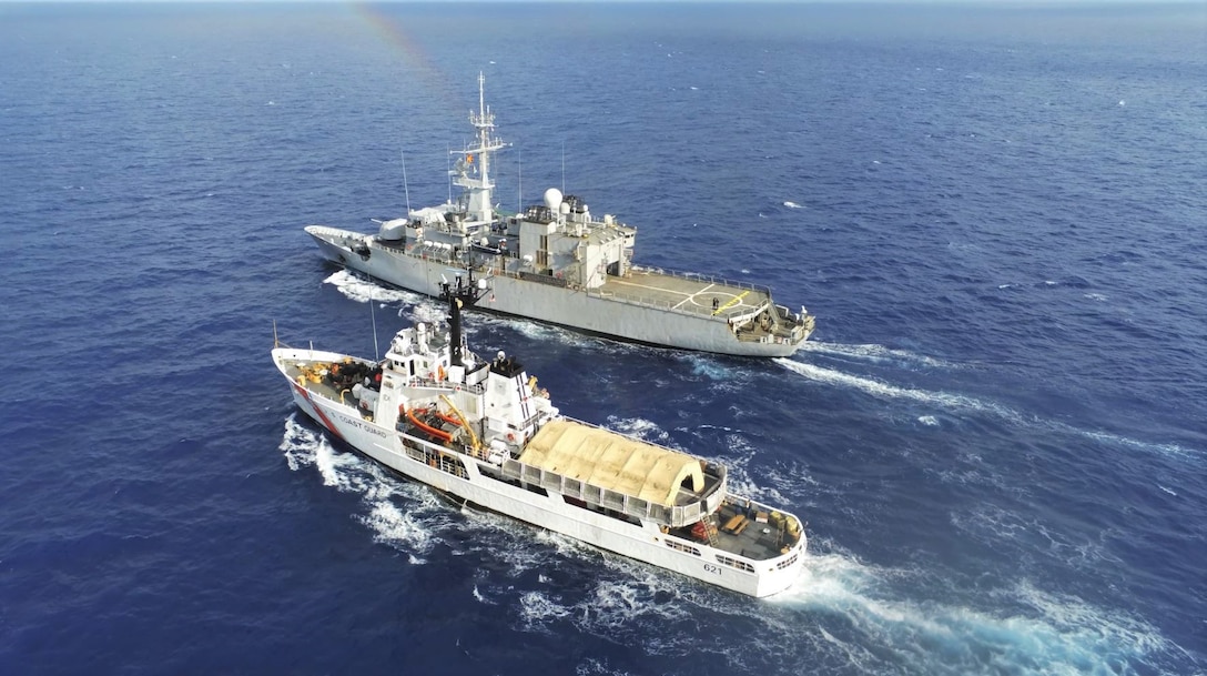 U.S. Coast Guard Cutter Valiant (WMEC 621) and French Navy Frigate FS Ventôse (F733) conduct joint exercises at sea, Sept. 29, 2024, while underway in the Windward Passage. The crew of Valiant conducted a 49-day migrant interdiction operations patrol in the region to protect life at sea and enforce U.S. maritime law. (Photo courtesy of FS Ventôse)