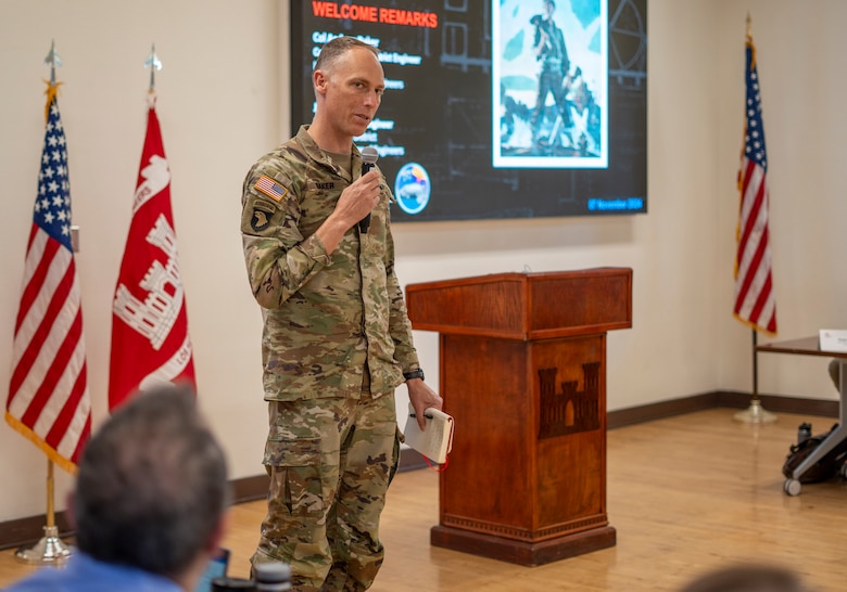 Col. Andrew Baker, U.S. Army Corps of Engineers Los Angeles District commander, provides his portion of opening remarks Nov. 7 during the 2024 Seven Counties Flood-Control Directors Meeting at the LA District Baseyard in South El Monte, California.