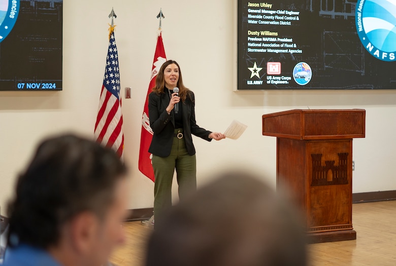 Sunny Simpkins, executive director of the National Association of Flood and Stormwater Management Agencies, provides her portion of opening remarks Nov. 7 during the 2024 Seven Counties Flood-Control Directors Meeting at the LA District Baseyard in South El Monte, California.