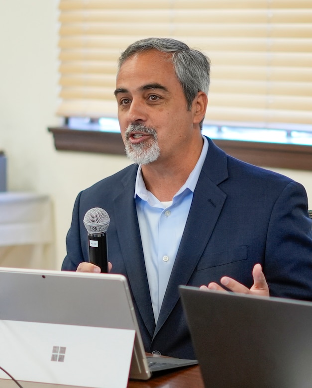 Jason Uhley, Riverside County Flood Control and Water Conservation District general manager, participates in a discussion Nov. 7 during the 2024 Seven Counties Flood-Control Directors Meeting at the LA District Baseyard in South El Monte, California.