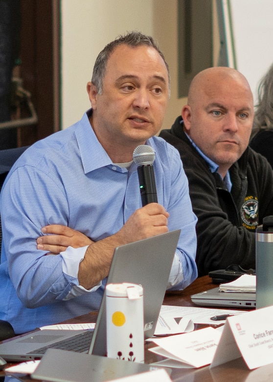 Mark Cohen, U.S. Army Corps of Engineers Los Angeles District Operations Division chief, left, participates in a discussion Nov. 7 during the 2024 Seven Counties Flood-Control Directors Meeting at the LA District Baseyard in South El Monte, California.