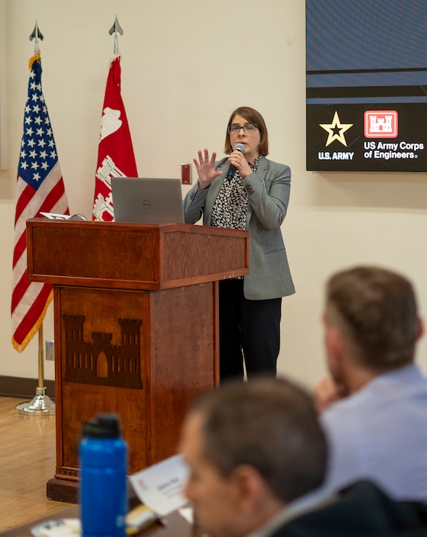 Cori Farrar, South Coast Branch chief for the U.S. Army Corps of Engineers Los Angeles District Regulatory Division, discusses Section 404 permitting updates, recent changes to the Waters of the U.S. (under the Clean Water Act) and infrastructure permitting Nov. 7 during the 2024 Seven Counties Flood-Control Directors Meeting at the LA District Baseyard in South El Monte, California.