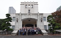 Members of the U.S. Army Corps of Engineers – Japan Engineer District (USACE JED), along with representatives from the Japanese Ministry of Defense (MoD), pose for a photo in front of the Ichigaya Memorial Hall in Shinjuku, Tokyo, November 21st, 2024.