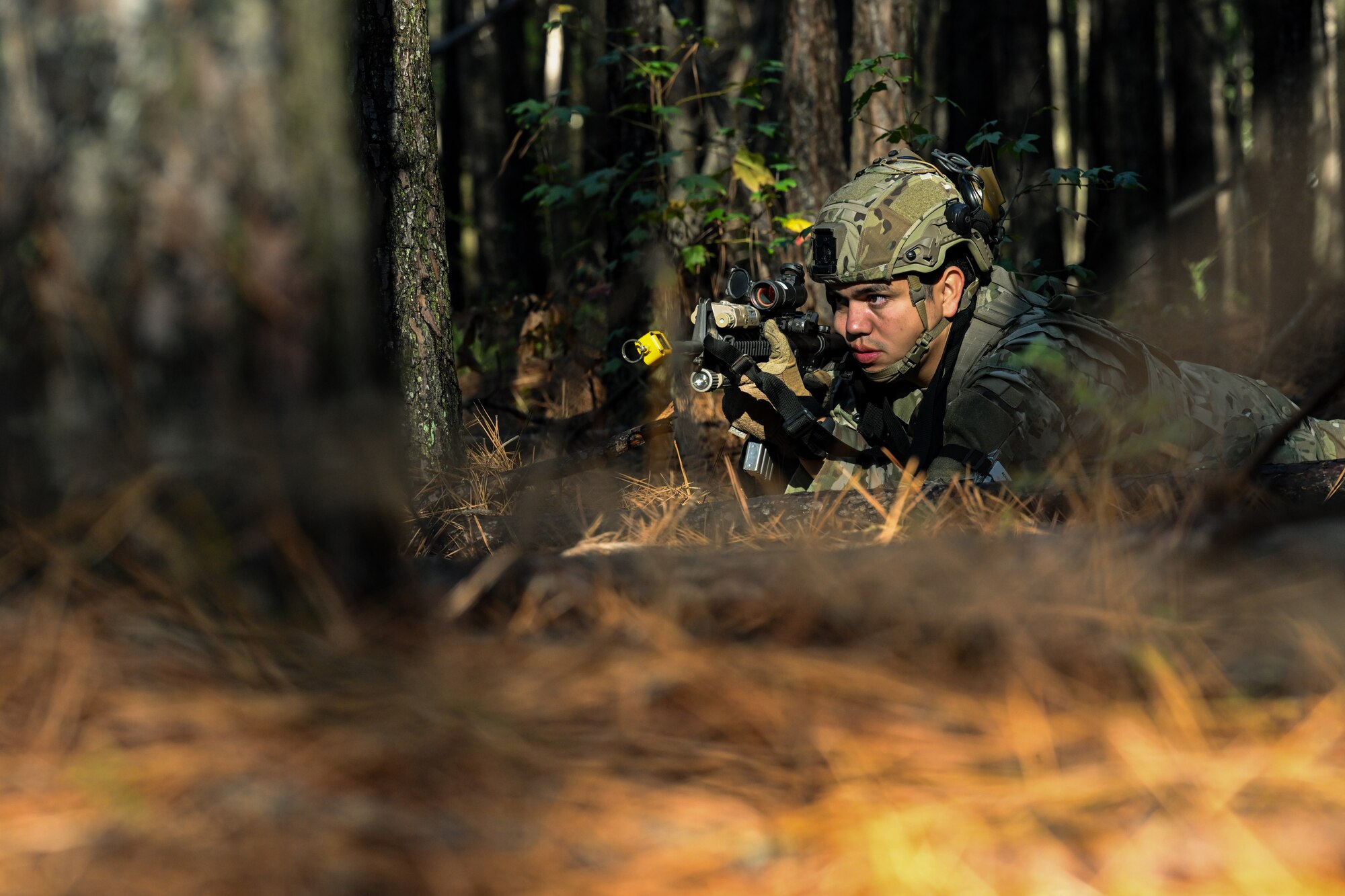 A Citizen Airman assigned to the 910th Security Forces Squadron provides security during a SF exercise at Dobbins Air Reserve Base, Georgia, Nov. 15, 2024.