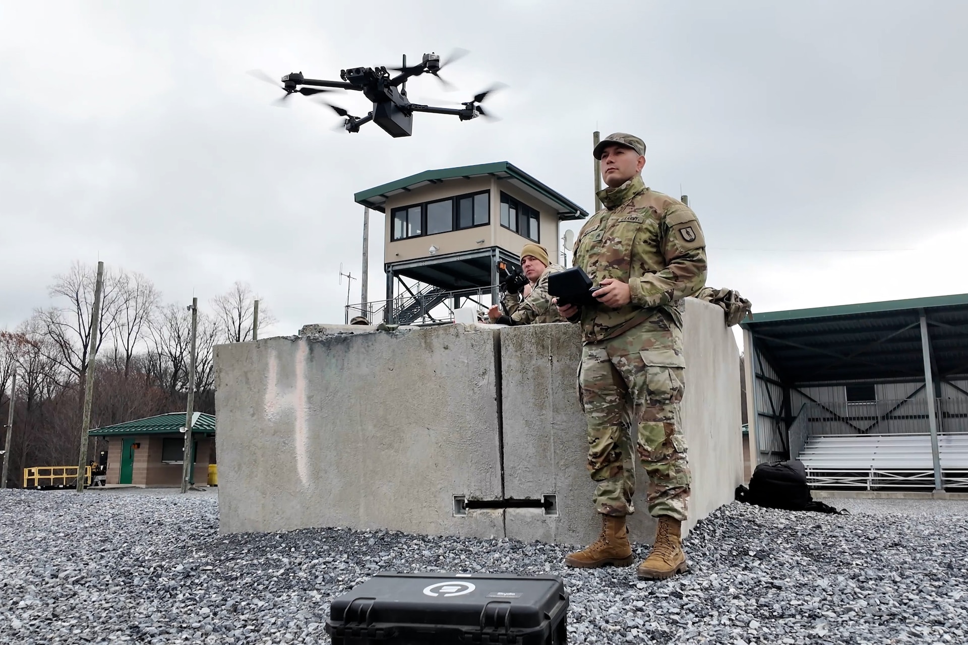 The capabilities of the 166th Regiment - Regional Training Institute's 1st and 2nd Battalions melded during a unique artillery live-fire training exercise Nov. 15, 2024 at Fort Indiantown Gap, Pa. Forward observers with 1st Battalion used several models of Small Unmanned Aircraft Systems (SUAS) to acquire targeting data of identified targets. This data was used to submit a call for fire to instructors and students with 2nd Battalion, who engaged the targets with artillery fire using M119, M777, and M109A6 howitzers. (U.S. Army National Guard photo by Sgt. 1st Class Shane Smith)