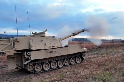 The capabilities of the 166th Regiment - Regional Training Institute's 1st and 2nd Battalions melded during a unique artillery live-fire training exercise Nov. 15, 2024 at Fort Indiantown Gap, Pa. Forward observers with 1st Battalion used several models of Small Unmanned Aircraft Systems (SUAS) to acquire targeting data of identified targets. This data was used to submit a call for fire to instructors and students with 2nd Battalion, who engaged the targets with artillery fire using M119, M777, and M109A6 howitzers. (U.S. Army National Guard photo by Sgt. 1st Class Shane Smith)