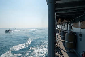 (Nov. 5, 2024) The Avenger-class mine countermeasures ship USS Devastator (MCM 6) sails with two unmanned surface vessels, attached to U.S. Naval Forces Central Command’s Task Force 59 during exercise Digital Talon 3.0 in the U.S. Central Command area of responsibility.
