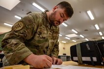 An Airman signs a form