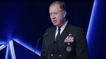 U.S. Navy Vice Adm. George Wikoff, commander, U.S. Naval Forces Central Command and U.S. 5th Fleet, delivers remarks on maritime strategies in the age of artificial intelligence during the third Saudi International Maritime Forum.