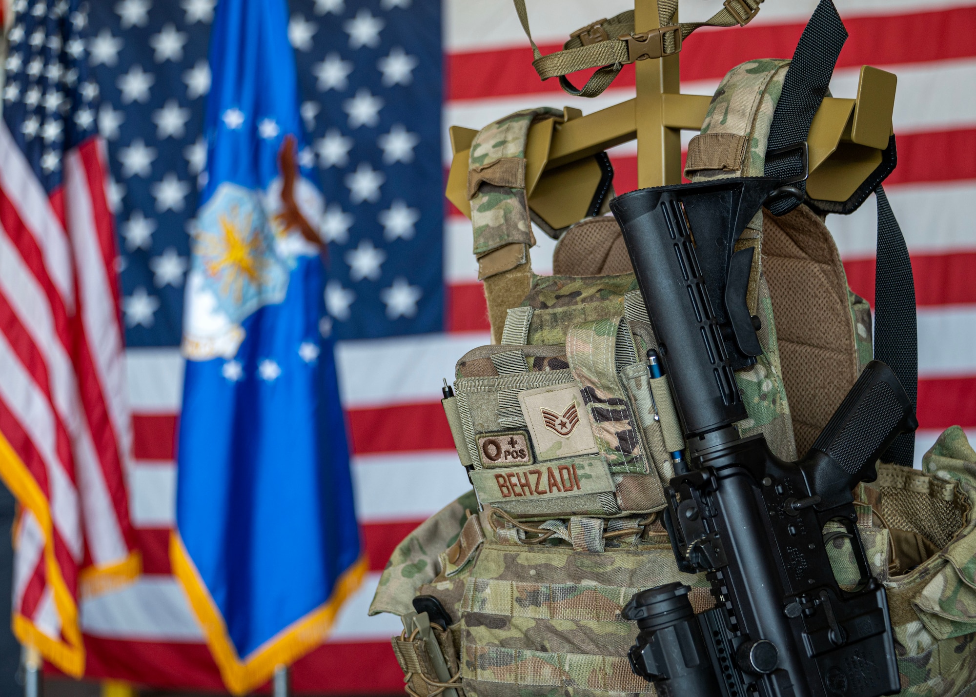 A final guard mount display is showcased during the memorial service for Staff Sgt. Bailey Behzadi at Joint Base Andrews, Md., Oct. 21, 2024. The final guard mount is a solemn and symbolic tradition displayed to pay tribute to the fallen defender. (U.S. Air Force photo by Staff Sgt. Aubree Owens)