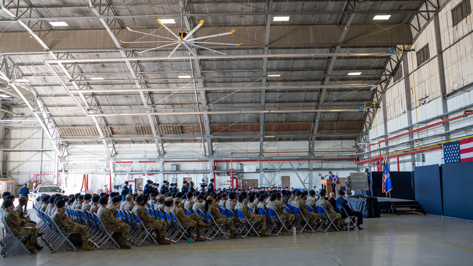 Members attend the memorial service for Staff Sgt. Bailey Behzadi at Joint Base Andrews, Md., Oct. 21, 2024. More than 200 people gathered to honor Behzadi’s life and impact, and to remember what they loved about him. (U.S. Air Force photo by Staff Sgt. Aubree Owens)