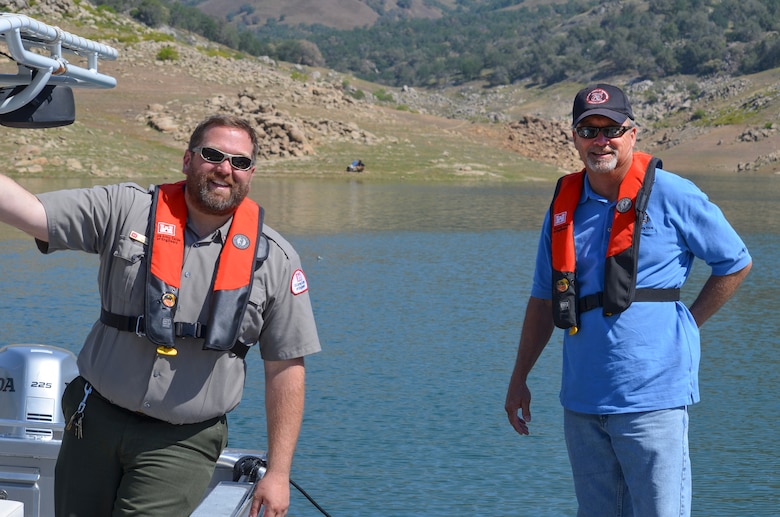 Tom Ehrke and Calvin Foster pose for a photo during a "Take a Warrior Fishing" event at Pine Flat Lake, California.