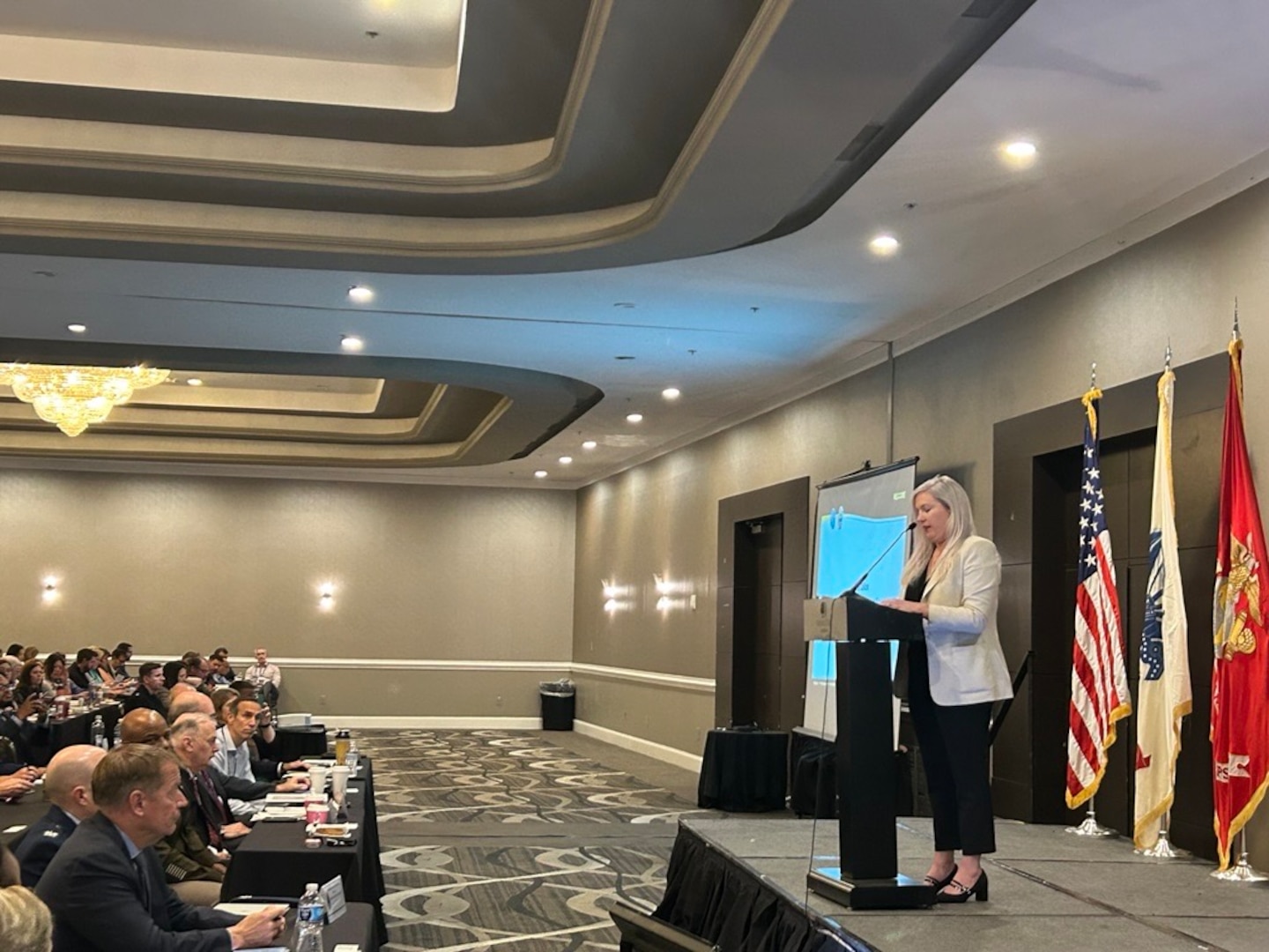 woman stands on stage speaking to audience