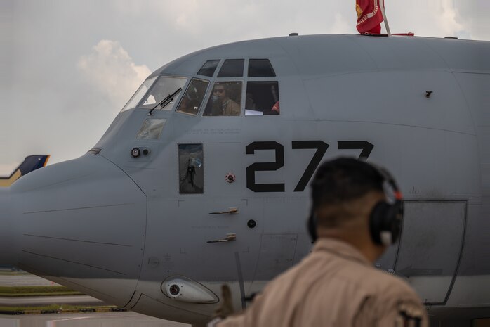 A U.S. Marine Corps KC-130J Super Hercules assigned to 3rd Marine Aircraft Wing, prepares for takeoff at Changi Airport, Singapore, Sept. 9, 2024. VMGR-352 stopped in Singapore while flying from Marine Corps Air Station Miramar, California to Camp Lemonnier, Djibouti, to deliver essential personnel, supplies and equipment to 3rd MAW squadrons deployed in support of Combined Joint Task Force-Horn Africa.