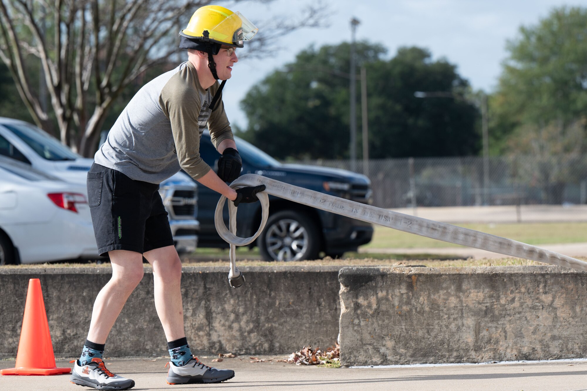 U.S. Air Force Senior Airman Aaron Plumley, 42nd Air Base Wing religious affairs technician participates in a fire muster  at Maxwell Air Force Base, Ala, Nov. 18, 2024. The fire muster gave Airmen an opportunity to test their fitness abilities against one another.