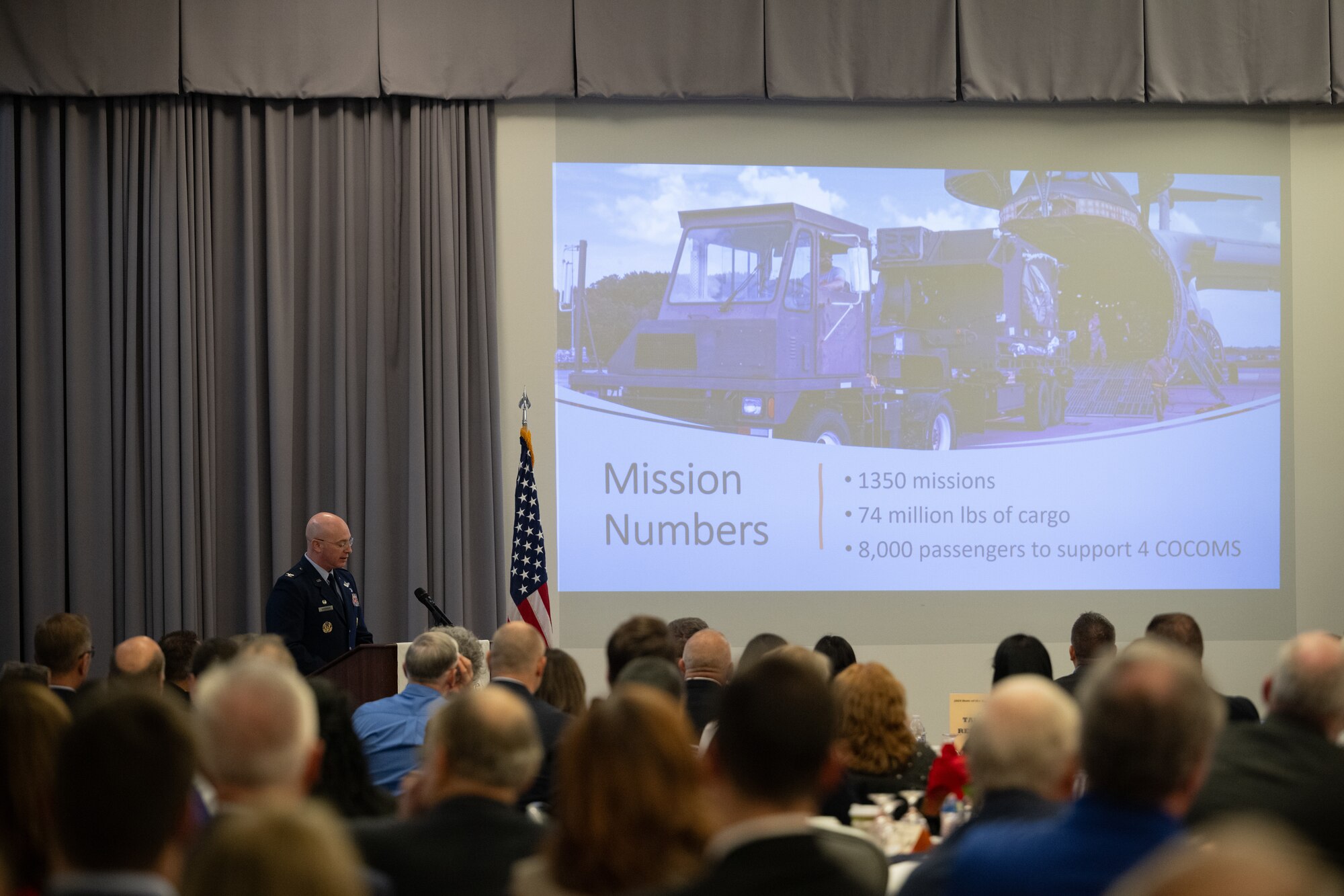 U.S. Air Force Col. Chris McDonald, 436th Airlift Wing commander, presents a 2024 State of the Base update at The Landings Club on Dover Air Force Base, Delaware, Nov. 25, 2024. The event, hosted by the Central Delaware Chamber of Commerce, provided an opportunity to highlight the accomplishments of Team Dover Airmen and show how the Dover community ties into the base's mission, vision and priorities. (U.S. Air Force photo by Airman 1st Class Liberty Matthews)